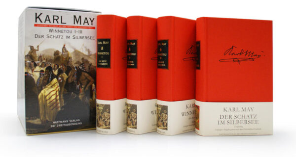 Die Leipziger Ausgabe, getreu nach den Erstausgaben. Der Schmuckschuber enthält diese vier Leinenbände: • Winnetou 1. Der rote Gentleman • Winnetou 2. Der rote Gentleman • Winnetou 3. Der rote Gentleman • Der Schatz im Silbersee. Karl May zählt zu den bekanntesten und (noch wichtiger) meistgelesenen deutschen Autoren.Mit dieser Edition setzt der Haffmans Verlag die Reihe seiner Veröffentlichungen ursprünglicher Texte fort. Die vier Bände sind in zinnoberrotes Leinen gekleidet und werden von einem stabilen Schmuckschuber geschützt.