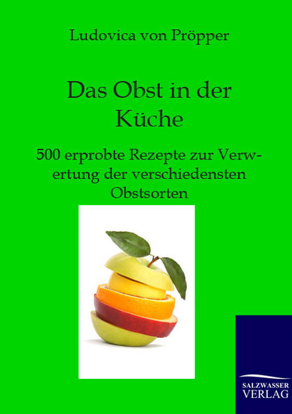 Das Obst in der Küche von Ludovica von Pröpper ist bis heute ein Standardwerk der Verarbeitung von Obst in alle möglichen Richtungen. Die Rezepte sind bis heute modern und sind direkt verarbeitbar. Das Werk hat eine sehr breite Ausrichtung. Von Suppen über Kaltschalen, Mehlspeisen, Pudding, Aufläufen, kalten süßen Speisen, Cremes, Gelees oder Torten bis hin zu Backwerk umfasst das Buch alle möglichen Wege, Obst zu verarbeiten. Schwerpunktmäßig werden deutsche Früchte wie Äpfel, Birnen, Erdbeeren oder Himbeeren behandelt, aber auch Aprikosen oder Apfelsinen. Ursprünglich in Fraktalschrift geschrieben, wird dieses Buch in moderner Schrift veröffentlicht.