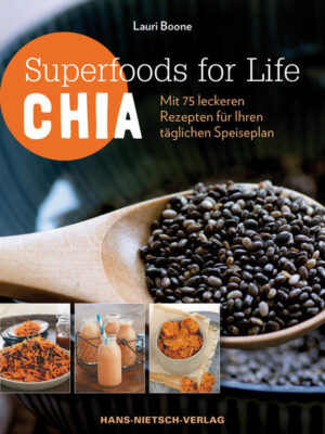 Gesundheit und Vitalität spürbar verbessern mit dem pflanzlichen Superfood CHIA Chiasamen gehören zu den Highlights unter den pflanzlichen Lebensmitteln. Bereits von den Azte-ken als Superfood geschätzt, sind diese winzigen Samen vollgepackt mit Eiweiß, Ballaststoffen, Mineralien und essenziellen Fettsäuren. Schon 1 Esslöffel Chiasamen gibt Drinks den entscheidenden Energiekick, macht Salate nährstoffreicher und bringt hochwertiges Eiweiß in Veggie-Burger und Suppen. Außerdem sind die kleinen Kraftpakete glutenfrei und können als Ei-Ersatz fürs vegane Backen verwendet werden. Superfoods for Life: CHIASAMEN geht wissenschaftlich fundiert auf die in Chia-samen enthaltenen Nährstoffe ein