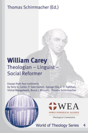 "This volume reprints essays by seven authors from three continents, including two authors from India, who tell the story of British missionary to India William Carey (1761-1834), whose famous ‘Enquiry’, An Enquiry into the Obligations of Christians to use Means for the Conversion of the Heathens (1792), changed history and made him not only the ‘Father of Protestant missions’, but also a forerunner of William Wilberforce, fighting against social injustice and preserving historic Indian languages for the people through research and printing. Even though Carey’s story has been told often, this volume concentrates on areas otherwise neglected: Carey’s theology and vision, Carey’s role as a social reformer, and Carey’s role as a leading linguist of Indian languages." "Prof. Dr. theol. Dr. phil. Thomas Schirrmacher, PhD, ThD, DD, is professor of the sociology of religion at the State University of the West in Timisoara (Romania), Distinguished Professor of Global Ethics and International Development at William Carey University in Shillong (Meghalaya, India), as well as president and professor of ethics at Martin Bucer European Theological Seminary and Research Institutes with branches in Bonn, Berlin, Zurich, Innsbruck, Prague, Istanbul and Sao Paolo. Schirrmacher has held guest professorships and has given special lectures at universities on all continents. Schirrmacher is chair of the Theological Commission of the World Evangelical Alliance (WEA), director of the International Institute for Religious Freedom (Bonn, Cape Town, Colombo) and Ambassador for Human Rights of WEA