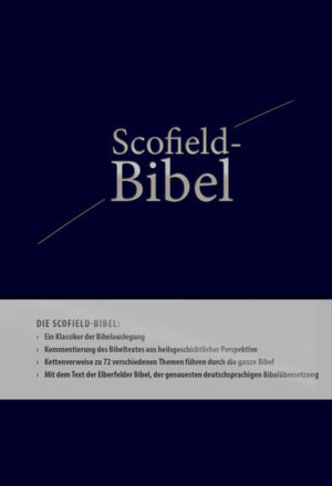 Die Scofield-Bibel bietet eine Fülle von Verstehenshilfen und ist das ideale Werkzeug für Ihre intensive Bibellektüre. Jedem einzelnen biblischen Buch ist eine Einleitung vorangestellt. Ein System von Verweisen und Erklärungen führt Sie durch den Text. In den Fußnoten unter dem Text werden heilsgeschichtliche Grundlinien und systematisch-theologische Grundlagen wiedergegeben. In dieser Ausgabe verbunden mit dem Text der Elberfelder Bibel 2006, die zu den führenden deutschen Bibelübersetzungen gehört. Die Wörter werden aus dem griechischen bzw. hebräischen Grundtext weitgehend ohne Umschreibungen wiedergegeben. Dadurch sind sie trotz einer guten Lesbarkeit so dicht an den Originaltexten wie bei kaum einer anderen Bibelübersetzung. Ausführliche Verweisstellen in dieser Ausgabe erschließen zudem den Reichtum der innerbiblischen Bezüge. Zahlreiche farbige Landkarten und übersichtliche Zeittafeln runden diese Ausgabe ab.