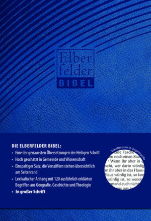 Diese Bibel ist gut fürs Auge durch die große Schrift. Die Ausgabe enthält die bewährten Qualitäten der Elberfelder Bibel: exakte Übersetzung, farbige Zeittafeln, Karten und Grafiken im Anhang. Lediglich Anmerkungen und Stellenverweise entfielen zugunsten der Schriftgröße.