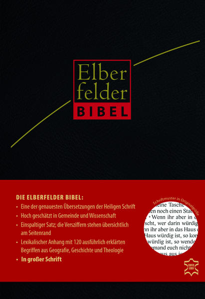 Diese Bibel ist gut fürs Auge durch die große Schrift. Die Ausgabe enthält die bewährten Qualitäten der Elberfelder Bibel: exakte Übersetzung, farbige Zeittafeln, Karten und Grafiken im Anhang. Lediglich Anmerkungen und Stellenverweise entfielen zugunsten der Schriftgröße.