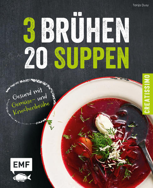 Kaffee to go, grüne Smoothies, Lunch im Glas & Co. sind längst abgelöst vom heißesten Foodtrend der Stunde. In den Metropolen dieser Welt verursacht der Brühen-Hype wahre Menschenschlangen. Ganz richtig gelesen: Es geht um Brühe nach Omas Rezept! Hippe Trendsetter stehen an, um den Morgen statt mit Kaffee mit einem Pappbecher Brühe zu beginnen. Geschätzt wird Altbewährtes: Es soll Gewebe und Knochen aufbauen, gegen Entzündungen helfen, Stimmung und Schlaf verbessern und absolut gesund sein. Aber warum Schlange stehen, wenn das Gute so leicht selbst zu machen ist. Im Ratgeber „3 Brühen - 20 Suppen“ verrät Tanja Dusy das Grundrezept für selbst gemachte Knochen-, Hühner- und Gemüsebrühe und wie man daraus gesunde und leckere Suppenrezepte auf Brühenbasis kochen kann. Tanja Dusy hat 20 spannende Brühenrezepte entwickelt, die begeistern werden. Also an die Suppenlöffel!