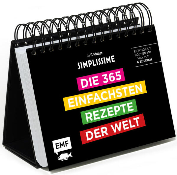 Jeden Tag wissen, was man kocht! Der Tischkalender mit 365 Rezepten des französischen Kochs und Bestsellerautors Jean-François Mallet hat für jeden Tag ein leckeres Rezept parat. Mit seiner zweckmäßigen Spiralbindung und einem Foto zu jedem Rezept ist er der perfekte Begleiter für die Küche. Wie aus der Simplissime-Reihe bekannt, haben alle Rezepte maximal 6 Zutaten und lassen sich dank der einfachen Rezeptgestaltung mit kurzen Steps und großer Schrift schnell und einfach nachkochen. Egal, ob Single oder Großfamilie - hier ist ein Jahr Kochspaß garantiert!