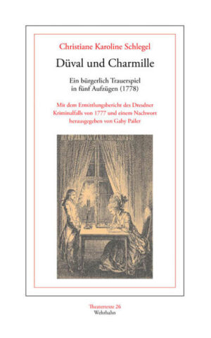 Das Drama Düval und Charmille, das zur Ostermesse 1778 im Druck erscheint, reiht sich ein in die seit Mitte des 18. Jahrhunderts vor allem durch Lessing vertretene Dramatik des bürgerlichen Trauerspiels. Ein Novum im Gattungsdiskurs bildet, dass die Autorin einen aktuellen Kriminalfall verarbeitet, der sich am 27. Dezember 1777 im Umfeld des Kursächsischen Hofes zu Dresden ereignet hat. Die vorliegende Neuedition wird ergänzt durch eine Transkription des im Sächsischen Hauptstaatsarchiv Dresden aufgefundenen Ermittlungsberichts von Jacob Heinrich Reinhold. Christiane Karoline Schlegel (1739-1833) ist Tochter des Dresdner Cabinetts-Registrators Carl Friedrich Lucius und verheiratet mit dem Pastor Gottlieb Schlegel (von 1774 bis zu dessen Tod 1813). Bekannt ist sie vor allem durch ihren Briefwechsel mit Christian Fürchtegott Gellert (1760 bis 1769).