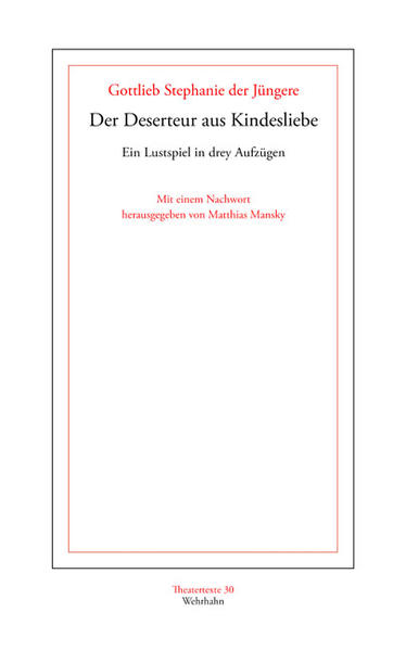 Gottlieb Stephanie der Jüngere (1741-1800) ist heute wie viele seiner josephinischen Schriftstellerkollegen beinahe gänzlich aus den gängigen Literatur- und Theatergeschichten verschwunden. Kommt es zu einer Erwähnung des zu Lebzeiten erfolgreichen Schauspielers und Dramatikers, dann zumeist nur mehr als Verfasser des Librettos zu Wolfgang Amadeus Mozarts Entführung aus dem Serail. Dennoch bürgt die zeitgenössische Bühnenpräsenz seiner Werke dafür, dass Stephanie als prominenter Theaterpraktiker des ausgehenden 18. Jahrhunderts angesehen werden darf. Sein Lustspiel Der Deserteur aus Kindesliebe, das im gesamten deutschen Sprachraum reüssieren konnte, entspricht der durch Lessings Minna von Barnhelm inspirierten Gattung des Soldatenstücks und steht in seinen politischen und sozialkritischen Implikationen im engen Konnex mit den josephinischen Modernisierungsprozessen nach dem Siebenjährigen Krieg.