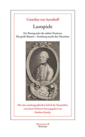 Der vorliegende Band umfasst die drei erfolgreichsten Lustspiele Cornelius von Ayrenhoffs und lässt den Wiener Dramatiker, der innerhalb der Literaturgeschichtsschreibung vornehmlich als Verfasser klassizistischer Trauerspiele rezipiert wurde, erstmals ausführlicher als Komödiendichter zu Wort kommen. Sein Stück Der Postzug oder die noblen Passionen bezeichnete Friedrich der Große 1780 in seiner Schrift De la littérature allemande als einzige wahre deutsche Komödie. Dieses zu Lebzeiten durchaus prestigeträchtige Lob hat später besonders innerhalb der Literaturwissenschaft für Irritationen gesorgt. Tatsächlich erscheinen Ayrenhoffs Lustspiele als wichtige Beiträge zur Entwicklung einer deutschsprachigen Konversationskomödie, die sich im letzten Drittel des 18. Jahrhunderts zu überregionalen Publikumserfolgen entwickeln konnten. In ihrer satirischen Konzeption beziehen sie eine Gegenstellung zu den sentimentalen und empfindsamen Tendenzen der zeitgenössischen Dramatik. Die Neuedition der Lustspiele Der Postzug oder die noblen Passionen (1769), Die große Batterie (1770) und Erziehung macht den Menschen (1785) wird um das autobiographische Schreiben des Verfassers über einige seiner militärischen und litterarischen Begebenheiten an den Herrn Joseph Friedrich Freyherrn von Retzer ergänzt.