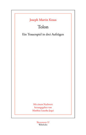 Joseph Martin Kraus (1756?-?1792) ist in Buchen (Odenwald) aufgewachsen. Nach dem Beginn eines Jurastudiums in Mainz und Erfurt 1773 zwingen ihn familiäre Verhältnisse 1775, in sein Elternhaus zurückzukehren. Dem Vater wurde willkürlich Untreue vorgeworfen. Literarisch verarbeitet dies Kraus in seinem einzigen Drama Tolon (1776), das eine Tragödie des Sturm und Drang ist, die von Beginn an den Zugriff auf eine Architektur des Selbsthelfertums verweigert und stattdessen das Scheitern in dessen Erweiterung als Selbsträchertum demonstriert. Im November 1776 geht Kraus nach Göttingen, um sein Studium fortzusetzen. Hier knüpft er auch Kontakte zu Vertretern des Göttinger Hain. 1778 wandert Kraus nach Schweden aus und wird königlicher Kapellmeister. Der Tolon hat als ein Stück des Sturm und Drang eine ausführliche wissenschaftliche Würdigung verdient. Dafür soll ihm mit dieser Edition der Weg geebnet werden.