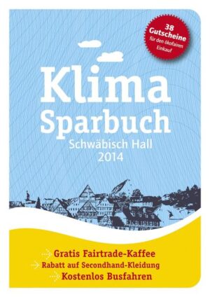 Gratis-Biobrot, Rabatt auf Naturkosmetik und Startguthaben für Ökostrom: Das Klimasparbuch verrät Ihnen durch viele verlockende Gutscheine, welche ökofairen Konsumalternativen Schwäbisch Hall zu bieten hat. Kombiniert mit hilfreichen Tipps für einen klimafreundlichen Alltag zeigt das etwas andere Sparbuch, wie jeder von uns durch bewusstes Handeln im Alltag sowohl das Klima als auch den Geldbeutel schonen kann. Das Klimasparbuch ist ein praktisches Beispiel dafür, dass sich Klimaschutz rechnet - individuell, lokal und global. Das Klimasparbuch Schwäbisch Hall ist ab 5.12.2013 erhältlich.