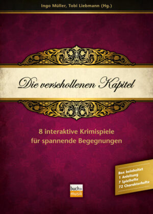 Krimis begeistern Menschen schon immer. Wenn man dann von der Zuschauerrolle in eine aktive und mitwirkende Perspektive wechselt, wird es umso spannender. Daher sind Krimispiele nicht nur spannend und rätselhaft, sondern auch gesellig. Sie bieten für die Arbeit mit Jugendlichen, Jungen Erwachsenen und Erwachsenen vielfältige Möglichkeiten, Gemeinschaft zu erleben-in Gruppen, bei offenen Angeboten, Freizeiten u. v. m. Sie machen sprachfähig, wecken die Fantasie und eröffnen Möglichkeiten, miteinander ins Gespräch zu kommen-über das Leben, den Glauben, die Bibel. So können ganz neue Impulse gesetzt werden. Krimispiele eignen sich besonders für kleinere Gruppen, können aber auch erweitert werden. Die Krimispiele-Box „Die verschollenen Kapitel“ beinhaltet das komplette Material für 8 praxiserprobte Krimispiele: 1 Basisheft mit grundlegenden Informationen zur Durchführung und Gestaltung von Krimispielen, Spielregeln, Spielablauf und Tipps aus der Praxis. Bonus: Schritt-für-Schritt-Anleitung für ein eigenes Krimispiel. 7 Spielhefte mit der Geschichte, den nicht geheimen Informationen zu den Charakteren, dem Orts- oder Sitzplan sowie eventuellen Zusatzrollen und der Auflösung. 72 Charakterhefte für jede Hauptrolle mit der Geschichte, Informationen zu den Charakteren und über die eigene Rolle, dem Orts- oder Sitzplan, den Hinweisen für die Spielrunden sowie dem Fragenkatalog.