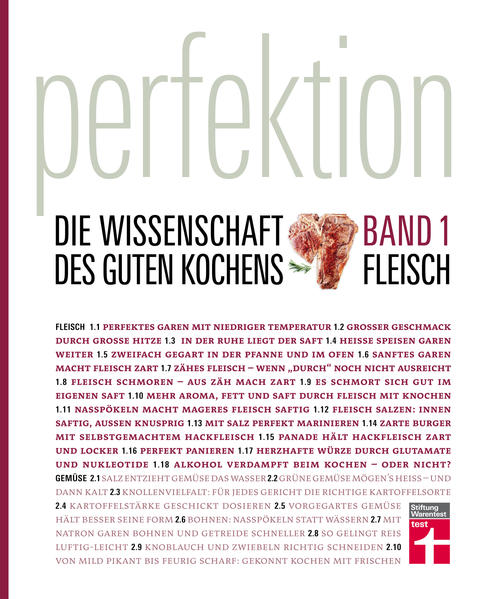 Wussten Sie, dass ein 1,5-Kilo-Braten nach 3 Stunden bei 120 °C im Backofen perfekt wird? Und dass Pommes bei exakt 165 °C frittiert werden sollten? In „Perfektion – Die Wissenschaft des guten Kochens“ wird die Küche ins Labor verlegt mit dem Ziel, das perfekte Rezept für die beliebtesten Gerichte zu entwickeln. Auf wissenschaftlicher Basis basteln die Testköche und Lebensmittelchemiker aufwendige Experimente: Duzende Steaks werden auf unterschiedliche Weise zubereitet, Bratenstücke in Testreihen gegart, Hackfleisch in verschiedenen Varianten produziert. Es geht um Konduktion und Radiation, die Maillard-Reaktion, Aktin und Myosin und die Molekularstruktur von Fleisch. Auch für Laien wird so verständlich, wieso beispielsweise ein Hähnchen im eigenen Saft am besten schmort. Die Theorie wird zur alltagstauglichen Küchenpraxis. Und am Ende steht das bestmögliche Rezept für Ihre Küche. Band 1 widmet sich der perfekten Zubereitung von Fleisch – mit mehr als 150 Rezepten, vielen Fotos und Illustrationen sowie Einblicken in die beste Zubereitung von Fisch und Eiern.