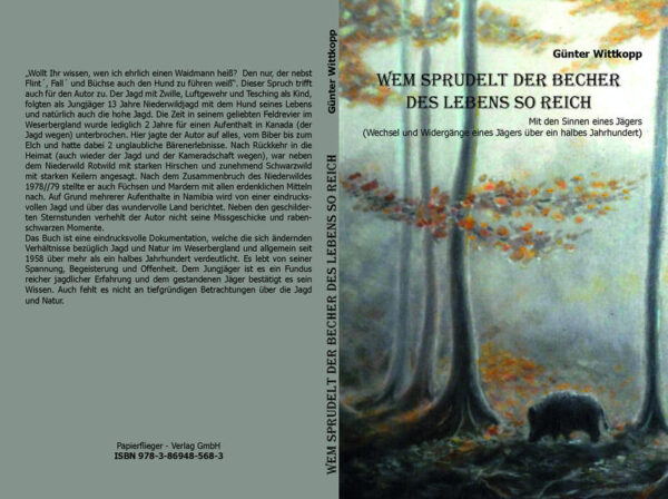 "Wollt Ihr wissen, wen ich ehrlich einen Waidmann heiß? Den nur, der nebst Flint´, Fal´ und Büchse auch den Hund zu führen weiß. Dieser Spruch trifft auch für den Autor zu. Der Jagd mit Zwille, Luftgewehr und Tesching als Kind, folgten als Jungjäger 13 Jahre Niederwildjagd mit dem Hund seines Lebens und natürlich auch die hohe Jagd. Die Zeit in seinem geliebten Feldrevier im Weserbergland wurde lediglich 2 Jahre für einen Aufenthalt in Kanada unterbrochen. Hier jagte der Autor auf alles, vom Biber bis zum Elch und hatte dabei 2 unglaubliche Bärenerlebnisse. Nach der Rückkehr in die Heimat, war neben dem Niederwild Rotwild mit starken Hirschen und zunehmend Schwarzwild mit starken Keilern angesagt. Nach dem Zusammenbruch des Niederwildes 1978/1979 stellte er auch Füchsen und Mardern mit allen erdenklichen Mitteln nach. Auf Grund mehrerer Auftenhalte in Namibia wird von einer eindrucksvollen Jagd und über das wundervolle Land berichtet. Neben den geschilderten Sternstunden verhehlt der Autor nicht seine Missgeschicke und rabenschwarze Momente. Das Buch ist eine eindruckvolle Dokumentation, welche die sich ändernden Verhältnisse bezüglich Jagd und Natur im Weserbergland und allgemein seit 1958 über mehr als ein halbes Jahrhundert verdeutlicht. Es lebt von seiner Spannung, Begeisterung und Offenheit. Dem Jungjäger ist es ein Fundus reicher jagdlicher Erfahrung und dem gestandenen Jäger bestätigt es sein Wissen. Auch fehlt es nicht an tiefgründigen Betrachtungen über die Jagd und Natur.