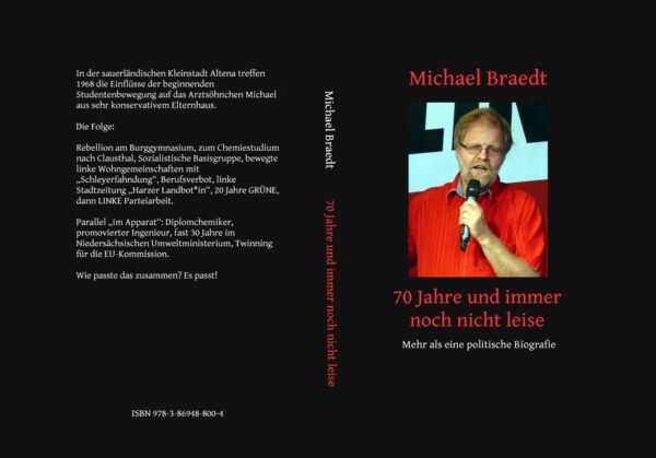 In der sauerländischen Kleinstadt Altena treffen 1968 die Einflüsse der beginnenden Studentenbewegung auf das Arztsöhnchen Michael aus sehr konservativem Elternhaus. Die Folge: Rebellion am Burggymnasium, zum Chemiestudium nach Clausthal, Sozialistische Basisgruppe, bewegte linke Wohngemeinschaft mit "Schleyerfahndung", Berufsverbot, linke Stadtzeitung " Harzer Landbot*in", 20 Jahre GRÜNE, dann LINKE Parteiarbeit. Parallel " im Apparat": Dipolmchemiker, promovierter Ingenieur, fast 30 Jahre im Niedersächsischen Umweltministerium, Twinning für EU-Kommission. Wie passte das zusammen? Es passt!