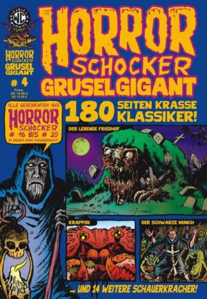 Der mythische Fährmann Charon ist wieder da! Seine Barke ist randvoll mit Geschichten des Grauens, denn mit HORRORSCHOCKER GRUSEL GIGANT # 4 wird der Nachdruck der vergriffenen Hefte von WEISSBLECHs großer Horrorserie fortgesetzt! In diesem Band sind die Geschichten aus HORRORSCHOCKER # 16 bis # 20 versammelt, und als Bonus gibt es noch einen sagenhaften Epos aus dem ebenfalls lange vergriffenen HORRORSCHOCKER Extra Album # 1. Da kommt was zusammen: In den 17 Geschichten auf rund 180 Seiten tummeln sich LEBENDE FRIEDHÖFE, KRASSE KRABBENMONSTER, UNTOTE UNHOLDE und noch so viele weitere grause Gestalten, dass des alten Fährmanns Kahn fast kollabiert! Deshalb gibt es für dieses pralle Paket des Grauens auch nur einen würdigen Namen: HORRORSCHOCKER GRUSEL GIGANT! Ideal für Sammler, Neueinsteiger ... und für alle, die einfach massiv Bock auf Grusel haben!