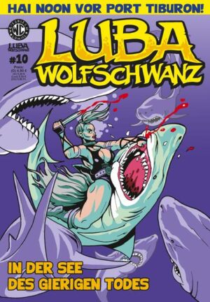 Hurra, jetzt schon die Zehn! In der ersten zweistelligen Ausgabe der ruhmreichen Fantasy- Serie LUBA WOLFSCHWANZ geht es raus auf das Meer. Hier lauern gleich dreierlei Gefahren auf die siborische Kriegerin: Piraten, gefräßige Haie ... und schwerfällige avarische Galeeren, vollgestopft mit Soldaten, die nach der Belohnung gieren, welche auf Lubas Kopf ausgesetzt ist. Denn in den Wassern vor Proxima Okcida wird der Wert eines Menschenlebens in barer Münze gemessen. Ja, so wisset, dies ist das Revier der Haie von Port Tiburon!