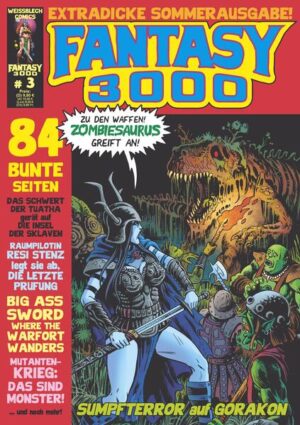 Humpen hoch, Lasersalut! 25 Jahre WEISSBLECH Comics ... gefeiert mit einem Hort wahrhaft fantastischer neuer Stories. FANTASY 3000 # 3 kommt als superumfangreiche Feier-Sommerausgabe daher! Die dritte Ausgabe glänzt mit dem ersten extralangen Abenteuer der Krieger von Gorakon, setzt die Reihen BIG ASS SWORD und Das Schwert der Tuatha fort, und jagt Raumpilotin Resi Stenz erneut in den weiten Weltenraum. Andreas Butzbach wirft mit Gorrn einen Barbarenkracher auf den Tisch, dass die alte Eichenplatte nur so ächzt. Mit Das sind Monster liefert Klaus Scherwinski (WEISSBLECH-Fans kennen seine grafisch opulenten Arbeiten noch aus den frühen Tagen des Verlagshauses) eine ungewöhnliche dystopische Kurzgeschichte ab. Dazu gibt es Pin-Ups, Redaktionsseiten und einen kurzen Artikel über 25 Jahre WEISSBLECH Comics ein Fest der Fantasy im großen Magazinformat.