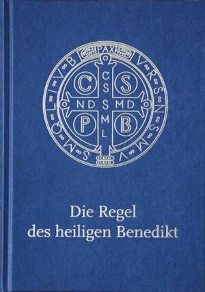 Sonder-Großausgabe der Benediktsregel mit deutschem Text. Blauer Surbalin-Einband mit Silberprägung, 2-farbiger Innentext (Schwarz/Rot) mit Lesebändchen
