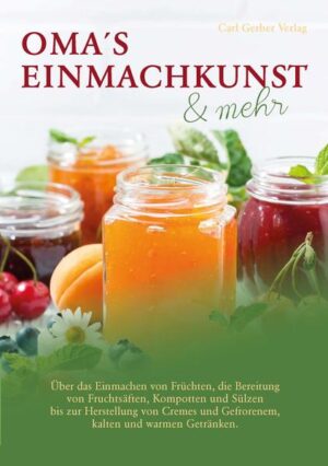 Lebensmittel durch Einkochen haltbar zu machen hat eine lange Tradition. An diese Tradition schließt „Oma´s Einmachkunst & mehr“ an und stellt eine Ergänzung zu einer großen Anzahl von Kochbüchern dar, in denen genauere Anweisungen über Einmachen, Zubereitung von Fruchtsäften, Kompotten, Sülzen, Herstellung von Cremes, Gefrorenem und kalten und warmen Getränken fehlen. Die Freunde des Einmachens, in Stadt und Land, gehen immer mehr dazu über, selbst etwas einzukochen. Die Freude und die Annehmlichkeit, die all die verschiedenen selbst eingemachten Vorräte während der langen Winter-monate bringen, entschädigt reichlich für die während der Sommer- und Herbstzeit entstandene Mehrarbeit. Diese Rezept-Sammlung wurde vom Carl Gerber Verlag zum ersten Mal 1942 herausgegeben und 1955 sowie 1960 überarbeitet. Nach fünf Jahrzehnten war es dem Carl Gerber Verlag ein Anliegen, die Rezepte in „Einmachen & Mehr mit Oma´s Rezepten“ wiederzubeleben, jedoch lag das Augen-merk darauf, den ursprünglichen Charakter zu erhalten. Wie hat Oma das so gut und schön hinbekommen? Diese Rezeptsammlung für die Praxis mit robuster Fadenhef-tung - damit es im Alltag länger hält - gibt dazu Tipps und zeigt Tricks von Oma. Viel Spaß beim Ausprobieren!