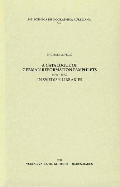 Katalog deutscher Klein- und Flugschriften (1516-1546) über die Reformation in Bibliotheken Schwedens. »Der Katalog ist ein unentbehrliches Hilfsmittel.« schrieb über Great Britain and Ireland ‚Fz’ im Archiv für Reformationsgeschichte 3-1974. Damals war nicht klar, dass der Rezensent den ersten Band einer langen Reihe von Katalogen besprach, die sich mit diesen absichtlich in Zeitraum und Erscheinungsform sehr eng gesteckten Rahmen deutschen Schrifttums befassten, das als Klein- und Flugschriften über lange Zeit weit weniger Beachtung fand als Bücher, die in Bibliotheken untergebracht wurden. Zudem sind die Drucke verstreut in kleinen und kleinsten europäischen Bibliotheken aufbewahrt und so in den großen Bibliographien oft nicht zu finden. Vor allem nach seiner Zeit als Direktor der John Rylands University of Manchester Library verband Michael A. Pegg auf unzähligen Bibliotheksreisen-oft auch mit seiner Frau-das Angenehme mit dem Nützlichen, stets auf der Suche nach neuen Entdeckungen für seine Bibliographien. »L’infatigable bibliographe de Manchester« nannte ihn Reinhard Bodenmann in der Bibliothèque de l’Humanisme et Renaissance, und André Séguenny wartete in einer Rezension der Alsace-Bände in den Nouvelles du livre ancien gespannt auf die Fortsetzung der Reise: »On est curieux de savoir sur quelle région française portera dans un avenir proche l’intérêt bibliographique du bibliothécaire britannique.« Diese akribische Forschungsarbeit förderte so manchen Zufallsfund zutage und konnte so einerseits zeigen, dass scheinbare Regionalia durchaus eine größere Ausbreitung gefunden hatten, zum anderen jedoch, dass manches, das vorher als Unikat betrachtet wurde, in entlegenen Bibliotheken, die von keiner der einschlägigen Bibliographien erschlossen waren, auch zu finden war. »Diese Kataloge haben sich inzwischen als höchst nützliche Hilfsmittel der Forschung erwiesen, nicht zuletzt aufgrund der sehr einfachen Titelwiedergabe, die der Bearbeiter entwickelt hat. Es sind zuverlässige Bestandskataloge, die die großen Bibliographien sinnvoll ergänzen« schreibt ‚moe’ im Archiv für Reformationsgeschichte. Etliche bis dahin unbekannte Drucke fanden durch die Recherchen für die Kataloge der German Reformation Pamphlets Eingang in oben genannte große Bibliographien.