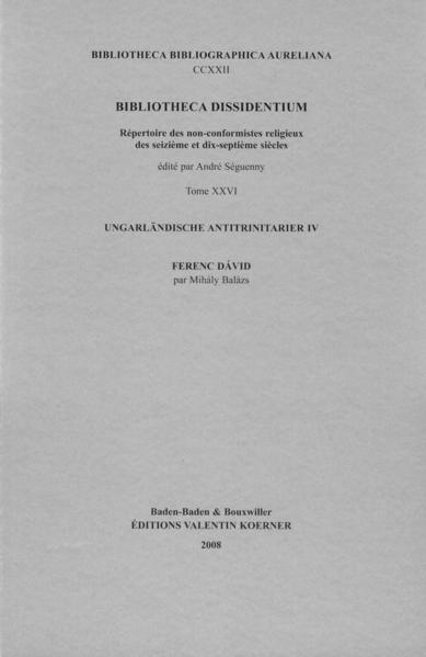 Der 26. Band der Bibliotheca Dissidentium beschreibt in einem vierten Band die Ungarländischen Antitrinitarier, hier: Ferenc Dávid. Nach einer Kurzbiographie, Quellen und Sekundärliteratur beschreibt Mihály Balàzs die einzelnen Drucke und Manuskripte, Werke unsicherer Herkunft, Dávid zugeschriebene Werke sowie den Briefwechsel. Auch Aufsätze und fiktionale Texte über Dávid werden vermerkt. Ein allgemeines und ein biblisches Register und ein Verzeichnis der geographischen Bezeichnungen nebst einer Karte erschließen den Band.