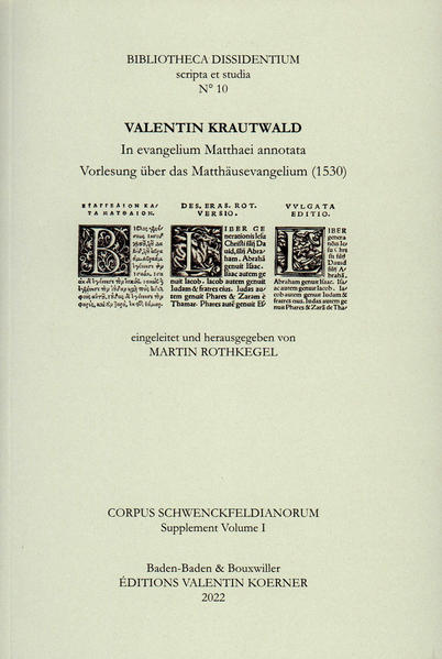 Gleichzeitig: CORPUS SCHWENCKFELDIANORUM Supplement Volume I: Valentin Krautwalds exegetische Vorlesungen (Liegnitz 1527-1530): Die Anfänge der schwenckfeldischen Lehrbildung waren eng mit dem akademischen Unterricht an der kurzlebigen Liegnitzer Universitätsgründung verknüpft. In mehreren Handschriften sind umfangreiche Mitschriften von Vorlesungen des Liegnitzer Humanisten Valentin Krautwald über neutestamentliche Bücher aus den Jahren 1527-1530 erhalten. Der Großteil dieser Texte war bislang der Forschung völlig unbekannt. Krautwald zog bei der Textauslegung patristische Quellen anhand einer reflektierten, auf der Zeichenlehre des Augustinus beruhenden Hermeneutik heran. Die neuen Texte bestätigen Krautwalds Rolle als eigentlicher theologischer Ideengeber der entstehenden schwenckfeldischen Bewegung und verdeutlichen, wie stark er seinerseits dem bibelphilologischen Ansatz des Erasmus verpflichtet war. Der erste Band der auf drei Bände angelegten kritischen Edition der Vorlesungen mit einer ausführlichen Einleitung zu Entstehungskontext und Rezeption des Textcorpus, zur exegetischen Methode und zur Hermeneutik Krautwalds ediert die Vorlesung über das Matthäusevangelium von 1530.