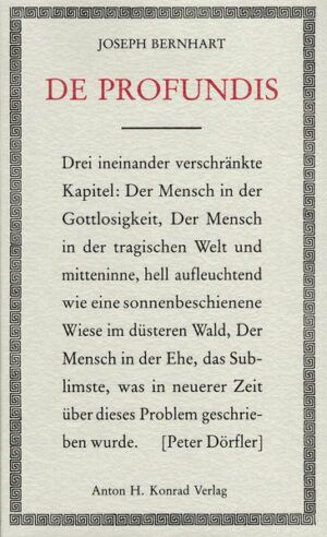 Dieses Buch besteht aus drei Essays, in deren Mittelpunkt der Mensch in der Gesellschaft steht: Der Mensch in der Gottlosigkeit, Der Mensch in der Ehe, Der Mensch in der tragischen Welt. Es wurde erstmals 1935 veröffenlicht - mitten in der Hinwendung zum nationalsozialistischen Gedankengut. Aufgrund der Erfahrungen des Autors und seines Bewußtseins über die weitere gesellschaftliche Entwicklung in Deutschland, versuchte er, seine Einsichten -aus Erfahrungen mit dem Glauben und dem persönlichen Alltag- in drei sinnhafte Geschichten einzubinden, was ihm auch trefflich gelungen ist. Es können aus den vielen Anregungen, die der Leser aus den Essays mitnehmen kann, drei herausgegriffen werden: 1. Die Entwicklung zu einem Menschen mit Aufrichtigkeit und ganzem Gewissen obliegt einem selbst, er muss sich darum aktiv bemühen. 2. Der Schritt in die Ehe ist ein Entschluß, aus dem heraus man wachsen, sich verantwortungsvoll bilden kann - aneinander und darin auch für sich selbst. 3. Die Überheblichkeit der eigenen Person, der eigenen Gruppe und schließlich der eigenen Nationalität ist ein Stadium unreifer Herzensbidlung und kann wiederum nur durch selbständiges, geistig-moralisches Wachstum überwunden werden, damit Frieden einkehrt. Wenn auch die Zeiten sich hier glücklicherweise geändert haben, ist dies kein Grund für Bernhart, in eine innere Bequemlichkeit zu verfallen. Diese Themen sind zu jeder Zeit und für jeden Menschen von Neuem relevant, und dienen uns, den Lesern, für das eigene, verantwortungsvolle Wachstum.