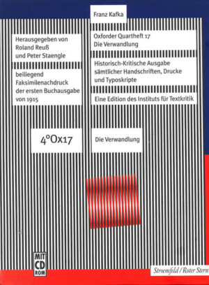 Oxforder Quartheft 17 (Die Verwandlung) mit dem Faksimile des Quarthefts, im Schuber mit Franz Kafka-Heft 4 & Reprint der Erstausgabe & CD-ROM, hrsg. v. Roland Reuß u. Peter Staengle. Die Franz Kafka-Ausgabe (FKA) bietet erstmals das gesamte überlieferte Korpus in authentischer Form. In Orthographie, Zeichensetzung, Semantik und Syntax folgt die FKA strikt der Überlieferung. Sämtliche Handschriften und Typoskripte Franz Kafkas werden in Faksimiles wiedergegeben, wobei die Handschriften mit einer typographischen, zeichen-, zeilen- und seitengetreuen Umschrift versehen sind. Die Bände der FKA erscheinen im Großformat, das die Reproduktion der von Kafka verwendeten Quarthefte im Originalformat erlaubt. Die Druckfilme der Faksimiles werden nach Möglichkeit unmittelbar von den Handschriften hergestellt und durch elektronischen Scanner detailgenau reproduziert. Die gut leserliche Handschrift Kafkas, die Transparenz des editorischen Verfahrens sowie die Übersichtlichkeit von Textgestaltung und Ausstattung kommen den Ansprüchen des lesenden Publikums entgegen.