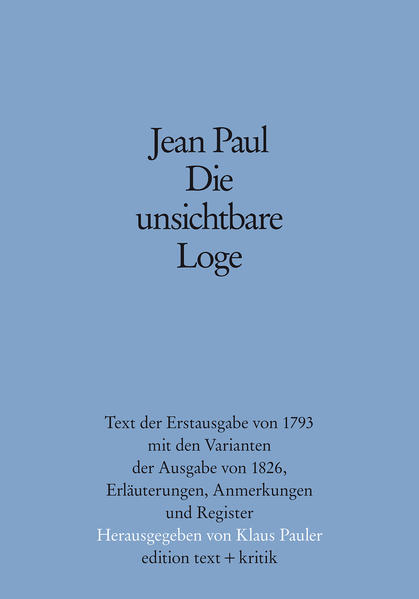 "Die unsichtbare Loge" erschien 1793 zum ersten Mal. Seit dieser Erstausgabe wird der Text hier erstmals wieder veröffentlicht. Denn die späteren Ausgaben folgen alle der von Jean Paul überarbeiteten Fassung der zweiten Auflage von 1822. Die Absicht der vorliegenden Ausgabe ist es, den Text der Erstausgabe wieder zugänglich zu machen, zumal die Exemplare von 1793 immer schwieriger greifbar werden und auch in den Auktions- und Antiquariatskatalogen immer seltener auftauchen. Das weitaus größere Anliegen dieser Edition ist jedoch das Bemühen, den Text selbst, der - wie Jean Pauls Prosa überhaupt - als schwierig zu lesen gilt, dem Verständnis des heutigen Lesers näher zu bringen.