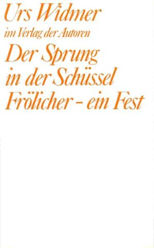 DER SPRUNG IN DER SCHÜSSEL ist eine Familien-Komödie über die Revolte von 1968 und was aus ihr wurde, über Freud und Ödipus, Fernsehen und Theater, Utopie und Wirklichkeit. Dabei spielen die vier Hauptdarsteller acht Doppelrollen von 1968 und von heute. Eine rasante Slapstick-Komödie. Hans Frölicher (1887-1961), während des tausendjährigen Reiches Schweizer Gesandter in Berlin, hatte den unzweifelhaften Verdienst, daran mitzuwirken, die Schweiz aus dem Zweiten Weltkrieg herauszuhalten. Aber an welchem Punkt wird die Anpassung zum Verrat, wird die hehre Schweizer Neutralitätspolitik zum Verbrechen? FRÖLICHER - EIN FEST ist kein Historienstück, sondern eine bitterböse Antwort auf die Geschichte. Widmer springt von der Gegenwart in die Vergangenheit, von Deutschland in die Schweiz und wieder zurück und kommentiert das Geschehen durch die beiden Kellner Aron und Anton. Ein Stück Welttheater nicht nur für Eidgenossen. Denn die Schweiz konnte sich nur durch Anbiederung an Deutschland retten, bei Urs Widmer repräsentiert von Vater und Sohn, die mit Nachnamen von Weizäcker heißen. Das Stück entstand auf Anregung des Vaudeville-Theaters Zürich.