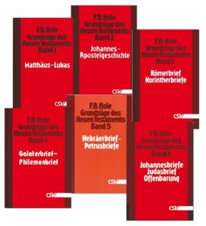 Gut verständliche und doch tiefgehende Bibelauslegungen sind sehr gesucht. Daher möchten wir die sechsbändige Reihe "Grundzüge des Neuen Testaments" besonders empfehlen. F.B. Hole war ein besonders befähigter Bibelausleger. Er verstand es, die wesentlichen Linien eines Kapitels präzise und anschaulich aufzuzeigen. Für das in unserer Zeit oft vernachlässigte, aber so dringend notwendige fortlaufende Lesen und Überdenken des Wortes Gottes bietet diese Auslegungsreihe zu NT wertvolle Verständnishilfen.