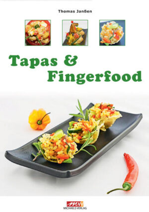 Vegetarische Tapas & Fingerfood Das Buch ist prall voll mit Rezepten, die in der Praxis bereits in unzähligen Kochkursen zubereitet wurden. Sein Anliegen und Anspruch: „Rezepte die jede Hausfrau nachkochen kann.“ Leckere Rezepte machen dieses Buch für jeden unverzichtbar, der den Anspruch hat, mit einfachen Handgriffen den tollen Geschmack eines Gerichts für sich zu bannen. Hervorzuheben ist die besondere Entstehungsgeschichte dieses Buches: Volkshochschulen Teilnehmer/-innen kochten die Gerichte, welche dann eigens für dieses Buch fotografiert wurden. Keine Verfälschung oder Manipulation der Bilder - alles ist echt! Auswahl der Rezepte: Rezeptverzeichnis A Aioli Antipastasalat Artischocken mit Paprika- Chilicreme. Auberginenröllchen mit getrockneter Tomate. B Bruschetta. Bunte Tomaten mit mediterranen Bohnensalat. Bunter Reissalat im Käse-Nest E Eingelegte Spitzpaprika Eingelegter Schafskäse Fetakäse mit Tomatenpesto G Gebackene Yufka-Schälchen mit Tofu Gebackenen Bananen Gebratene Artischockenherzen mit Käsecremekern Gebratenes Sushi Gefüllte Artischockenherzen Gefüllte Champignons Gefüllte Paprikaschoten Gefüllte Tomaten Gegrilltes Gemüse K Kokosbälle M Marinierter Feta im Spinatmantel Mascarponecreme auf karamellisierte Strudelteigschnitten Mediterraner Kartoffelsalat Mini-Focaccia_mit Mascarpone und Roquefort Mozzarella-Bällchen und Cherrytomaten im Pestomantel P Patatas bravas (Frittierte Kartoffelwürfel) mit scharfer Soße Pikant überbackene Nachos mit vegetarischem Hackfleisch Pikante Aubergine mit Tomate Pikante Blätterteig-Kissen mit Mascarpone Pikante Blätterteigschnecke Pikante Gemüse- Blätterteigstangen Pom Pom R Reisschnitte Roquefortecke Rote Beete und Sellerie-Chips S Schnittlauch-Dip Sour Cream Spaghettisalat Süße Buchweizenblinis T Tempura gebackene Zucchini mit Fetacreme Tomaten-Frischkäse-Aufstrich Tomaten-Paprika-Chili-Dip Tramezzini mit Parmesan und Rucola Tzatziki Ü Überbackene Feta-Ajvar-Creme auf Mini-Croissant Überbackene Kartoffeln Überbackene Nachos mit Käse Überbackener Schafskäse auf Baguette Überbackenes Camembert-Toast V Vegetarische Albóndigas mit Salsa Vegetarische Wan Tan Z Zigarrenröllchen