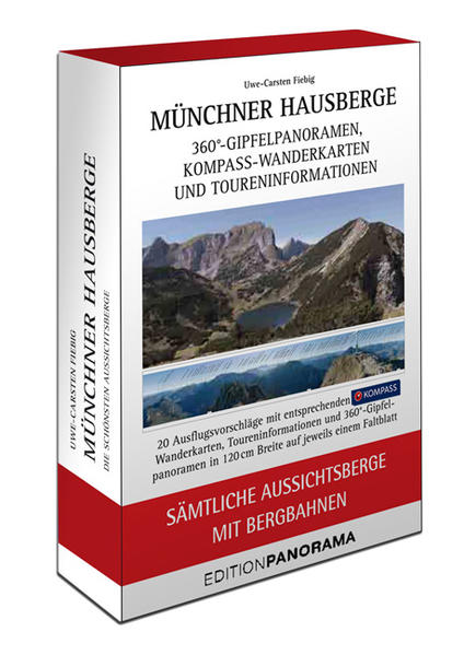 Jetzt gibt es unsere Faltpanoramen der Münchner Hausberge auch in einer kleineren Ausgabe. Die praktischen Begleiter beinhalten Gipfelansichten und Wandertouren von Bergen mit einer Bergbahn, geeignet für alle jene, die eine kombinierte Tour mit der Bahn hinauf und zu Fuß ins Tal, andersherum oder nur von der Bergstation zum Gipfel unternehmen wollen. Jeweils in über 120 cm Breite präsentieren 20 Ausflugsvorschläge einen Rundumblick und erklären dem Betrachter die umliegende Bergwelt mit ausführlichen Gipfelbezeichnungen und den entsprechenden Höhenangaben. Beschreibungen der Wanderrouten runden diese außergewöhnliche Sammlung ab und sind der ideale Begleiter für einen Ausflug rund um die bayerische Hauptstadt.