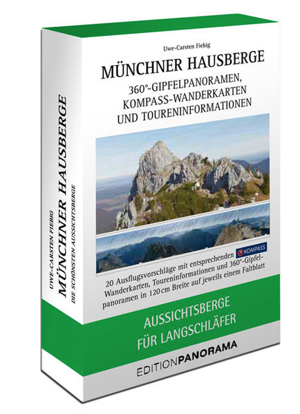 Jetzt gibt es unsere Faltpanoramen der Münchner Hausberge auch in einer kleineren Ausgabe. Die praktischen Begleiter beinhalten Gipfelansichten und Wandertouren, die durch ihre gemäßigte Länge und Nähe zu München speziell für jene geeignet sind, die nicht schon in den frühen Morgenstunden zu einer langen Bergtour aufbrechen möchten. Jeweils in über 120 cm Breite präsentieren 20 Ausflugsvorschläge einen Rundumblick und erklären dem Betrachter die umliegende Bergwelt mit ausführlichen Gipfelbezeichnungen und den entsprechenden Höhenangaben. Beschreibungen der Wanderrouten runden diese außergewöhnliche Sammlung ab und sind der ideale Begleiter für einen Ausflug rund um die bayerische Hauptstadt.