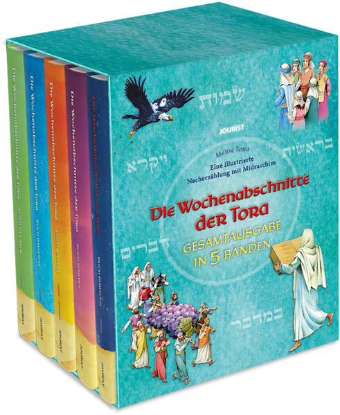 Über fünf Bände hinweg und begleitet von farbprächtigen Bildern erzählt der amerikanische Rabbiner Nachman Zakon unseren Kindern in der vorliegenden Gesamtausgabe aus der Tora. Sein sehr eigener Ton des Erzählens ermöglicht es dem jungen Lesepublikum (aber nicht nur diesem!) auf faszinierende Art und Weise, die wöchentlichen Tora-Abschnitten (Paraschot) ganz nahe zu bringen. In „Die Wochenabschnitte der Tora“ folgt Parascha auf Parascha. Einblicke in die Midraschim ergänzen die Texte. In rechten und linken Randspalten finden sich zusätzliche Erläuterungen. Hebräische Wörter werden entlang ihrer Etymologie verständlich und nachhaltig erklärt. Um nahe an der Originalsprache zu bleiben, wurde bei den für die Authentizität des Textes wichtigen hebräischen Worte das Genus übernommen und der entsprechende (deutsche) Artikel gesetzt. Ähnlich wurde mit den (hebräischen) Namen verfahren. Empfohlen werden Rabbiner Nachman Zakons Erzählungen zu den „Wochenabschnitten der Tora“ Kindern ab etwa acht Jahren. Aber natürlich sind auch Eltern wie Großeltern herzlichst eingeladen, einen Blick und mehr in diese Bücher zu werfen. Sie werden viel Neues erfahren. Kurz: Rabbi Nachman Zakons Reise durch Tora und Midrasch ist etwas für Menschen von „8 bis 120“. Sie bietet ein außergewöhnliches Leseerlebnis und liefert wunderbaren Gesprächsstoff für die Familienrunde zum nächsten Schabbat. Die Gesamtausgabe besteht aus den 5 Bänden Bereschit, Schemot, Wajikra, Bamidbar und Dwarim in einem Schuber.