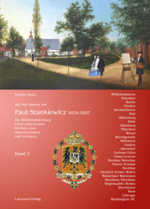 Wen das Reisefieber einmal gepackt hat, den lässt es nie mehr los. Brigitte Bulla kennt nur ein Ziel: Das Leben und Werk des schlesischen Malers Paul Stankiewicz (1834-1897).' Diesen Satz schrieb Dr. Joachim Köhler, Professor em. der Theologie, Tu?bingen, in seinem Vorwort zu diesem zweiten Band. Brigitte Bulla u?bergab im Juni 2010 der Öffentlichkeit ihre Forschungsergebnisse u?ber den Ku?nstler Paul Stankiewicz. Vorausgegangen war ein in Vergessenheit geratenes Altarbild in ihrer Heimatstadt Wilhelmshaven. Auf weitere größere Entdeckungen war sie nach ihrer Präsentation nicht mehr gefasst, bis sie im September 2011 die Nachricht erhielt, dass in einem großen Auktionshaus in Washington D.C. ein Selbstbildnis des Ku?nstlers aus dem Jahr 1859 zur Versteigerung kommen sollte. Dieses Bild konnte die Autorin erwerben. Es zeigt den Ku?nstler auf dem Gelände des Kalvarienberges in seinem Geburtsort Guhrau, Schlesien, dem heutigen Góra in Polen. Die auf diesem Werk gezeigten Kreuzwegstationen beinhalten Gemälde, die Stankiewicz im gleichen Jahr, also ebenfalls 1859, restaurieren durfte. Ferner zeigt das Bild aus Washington im Hintergrund eine Fronleichnamskapelle. Nach der Ersteigerung des Gemäldes ergaben vor Ort nähere Untersuchungen, dass diese Kirche eine Heilige Stiege besitzt, die aus dem 18. Jahrhundert stammt. Und hierin machte die Autorin eine große Entdeckung. Brigitte Bulla fand einen wunderschön ausgemalten Altarraum vor. Decke und Wände zeigen Gemälde aus der Passionsgeschichte. Es handelt sich hier um ein Fru?hwerk, das im Jahr 1886 von dem Ku?nstler erneuert wurde. Besonders beeindruckend ist eine etwa drei Meter hohe und fu?nf Meter breite Wandbemalung, die Jesus vor dem Hohen Rat zeigt. Aufgrund des Aufbaus der Szene ist allerdings diese Darstellung biblisch nicht zuzuordnen. Es kann aber angenommen werden, dass Stankiewicz in ihr den zur damaligen Zeit entbrannten Kulturkampf in Preußen verdeutlichen und mit dem Werk seine persönliche Stellungnahme ausdru?cken wollte. Auf dem gleichen Gelände des Kalvarienberges befindet sich eine Friedhofskapelle, die ebenfalls vom Ku?nstler völlig ausgemalt wurde. Schließlich konnte im Fru?hsommer 2012 in Potsdam noch ein sehr gut erhaltenes Kunstwerk aus dem Jahr 1878 entdeckt werden, das den Chemiker und Forscher Carl Philipp Sprengel zeigt.