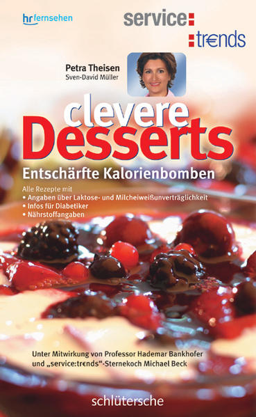 Desserts: Schlemmen muss keine Sünde sein. Eis: Heißkalte Versuchung. Pudding, Cremes & Co.: Alles was wackelt. Früchte: Bunte Vielfalt. Erdbeeren: Rote Powerfrüchtchen. Sahne: Das hat Schlag! Saucen: Zum Verzieren und Verfeinern. Kuchen: Aufgetischt zur Kaffeetafel. Torten: Traumhafte Kreationen. Schokolade: Leckeres aus Kakao. Nüsse: Harte Schale, zarter Kern. Plätzchen & Co.: Es weihnachtet sehr. Deko-Ideen: Der letzte Schliff fürs gelungene Dessert. SOS: Clevere Pannenhilfe für die Küche. In der Sendung „service:tr€nds“ kommen jeden Mittwoch um 19 Uhr Produkte und Dienstleistungen auf den Prüfstand. Alle Tests sind objektiv und unabhängig von wirtschaftlichen Interessen. Sowohl der Testsieger als auch die Verlierer werden genannt. Damit ermöglicht „service:tr€nds“ eine absolut zuverlässige Orientierung auf dem Lebensmittelmarkt. „clevere Desserts - Entschärfte Kalorienbomben“ ist das dritte Begleitbuch zu der erfolgreichen Sendereihe. Getestet wurden unter anderem Vanilleeis, Schokodesserts mit Sahne, Tortenböden und Sprühsahne. Dazu gibt es viele leckere Desserts von Sternekoch Michael Beck. In seinen Rezepten kommt die Gesundheit nicht zu kurz: Butter und Margarine ersetzt er z. B. durch gesundes Rapsöl, weissen Zucker durch Fruchtzucker, und beim Mehl verwendet er einfach den richtigen Typ. Auch alle, die eine Milcheiweiss- oder Laktoseunverträglichkeit haben, müssen auf Kuchen und Nachspeisen nicht verzichten. Gesundheitstipps von Professor Hademar Bankhofer und Sven-David Müller helfen ausserdem, Lebensmittel besser einzuschätzen und sich gesund zu ernähren. „Das Buch ‘Clevere Desserts - Entschärfte Kalorienbomben’ ist geeignet für alle, die gerne süßen Nachtisch naschen, aber keine Kalorienbomben essen wollen, und für Menschen, die unter Diabetes mellitus, Laktose- oder Milcheiweißunverträglichkeit leiden und wissen möchten, welche Inhaltsstoffe im Dessert stecken. […] Zusätzlich erfährt der Leser Wissenswertes über Früchte, Nüsse, Schokolade, Sahne, Mehl, Süßungsmittel und ihre Zubereitung. Das Buch ist eine echte Alternative für gesundheitsbewusste Genießer und jene, die krankheitsbedingt auf manche Inhaltsstoffe verzichten müssen.“ Mindener Tageblatt (04.03.2005) „Für Menschen, die aufgrund ihres Gewichts oder aus anderen Gründen wie Allergien besonders auf ihre Ernährung achten müssen und nicht auf süße Versuchungen verzichten möchten, ist dieses Buch hervorragend geeignet. Es informiert umfassend und gibt viele nützliche Tipps, wie clever Kalorien gespart werden können und welche Alternativen es zu den klassischen Back- und Dessertzutaten gibt.“ www.womenweb.de