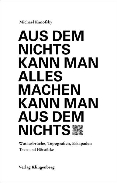 Das Nichts ist ohne Frage ein Abenteuer voller Überraschungen und Unwägbarkeiten. Da ist zum Beispiel das Nichts der leeren weißen Seiten, das der Schriftsteller überwinden muss. Was haben Wien und Sibirien, Hans Henny Jahnn und Klaus Kinski, eine Pornoproduktion und ein weißer Kakadu damit zu tun? Michael Kanofsky hat sich auf eine selbstironische und anspielungsreiche literarische Expedition begeben: Ausfälle, Reihungen, Litaneien, Erzählungen, Tiraden, Pamphlete, Topografien, Bilanzen. Mit den philosophischen Fragen des Nichts befasst sich der Autor allerdings nicht. Haben die großen Denker dazu nicht schon alles und nichts gesagt? »Aus dem Nichts kann man alles machen kann man aus dem Nichts« präsentiert eine Auswahl von Prosatexten und anderen Arbeiten aus unterschiedlichen Lebens? und Schreibphasen des Autors. Klassisch zum Lesen oder digital zum Hören: Schauspieler Robert Reinagl (Burgtheater Wien) hat dreizehn der einunddreißig Texte in kunstvolle Hörstücke verwandelt, abrufbar über die im Buch integrierten QR?Links.