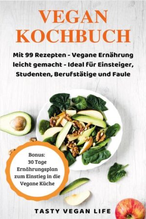 Das Vegan Kochbuch - Vegane Ernährung leicht gemacht Das Kochbuch von Tasty Vegan Life mit ausschließlich veganen Rezepten, ist perfekt für alle, die sich gezielt gegen die Ernährung von Lebensmitteln aus tierischem Ursprung entschieden haben oder einfach mal einen Einblick in die zahlreichen Möglichkeiten, die eine vegane Ernährung bietet, erhalten möchten. Die Rezepte sind allesamt in übersichtlicher und strukturierter Form aufgeführt und beinhalten jeweils eine detaillierte Einkaufsliste mit den Mengenangaben. Ein Gang in den lokalen Supermarkt reicht völlig aus, um die Zutaten für die leckeren veganen Gerichte zu besorgen. Dank der übersichtlichen Gestaltung der Rezepte eignet sich dieses Vegan Kochbuch auch hervorragend für Einsteiger, die den Geschmack der veganen Küche noch nicht kennen, jedoch probieren möchten. Eine ganze Reihe an einfachen Rezepten, die im Vegan Kochbuch enthalten sind, kommen auch besonders kochfaule Menschen und berufstätige Personen, denen am Tag nur wenig Zeit für die Zubereitung von Speisen bleibt, voll auf ihre Kosten. Die zügige Zubereitung der leckeren, veganen Köstlichkeiten macht das Vegan Kochbuch auch für Studenten zu einer praktischen Orientierungshilfe in der Küche und sollte in keiner Wohnungsgemeinschaft fehlen. Das Vegan Kochbuch beinhaltet insgesamt 99 leckere Rezepte für alle Mahlzeiten des Tages: Vom Frühstück, über vegane Snacks, das Mittagessen, das Abendbrot und bis hin zu köstlichen veganen Nachspeisen. Dank der breiten Fächerung und der großen Auswahl an Rezepten ist hier für jeden etwas dabei, Wünsche werden nicht offen gelassen. Von mediterranen über orientalischen und asiatischen Speisen, Grillrezepten und Gebäck ist hier wirklich alles dabei, was vegan ist und besonders lecker schmeckt! Dieses Kochbuch für Veganer und solche, die es vielleicht eines Tages werden möchten, eignet sich außerdem hervorragend als Geschenkidee für den Freundes- oder Verwandtenkreis und wird dem einen oder anderen eindrucksvoll unter Beweis stellen, dass es durchaus möglich ist, sich tierfrei und dennoch köstlich zu ernähren. Außerdem erhalten die Käufer des Vegan Kochbuchs einen attraktiven Bonus. Dieser umfasst einen detaillierten 30-tägigen Ernährungsplan, der von Tasty Vegan Life erstellt wurde und den Einstieg in die vegane, tierfreie Küche noch weiter erleichtert.