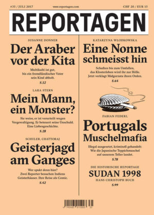 Reportagen schickt die besten Autorinnen und Autoren rund um den Globus. Für Geschichten, die bleiben. In dieser Ausgabe: Der Araber vor der Kita. Multikulti ist gut, bis ein fremdländischer Vater sein Kind abholt. Von Susann Donner. Mein Mann, ein Monster? Sie weiss, er ist verurteilt wegen Vergewaltigung. Er beteuert seine Unschuld. Eine Liebesgeschichte. Von Lara Stern. Geisterjagd am Ganges. Wer spukt denn hier? Zwei Reporter besuchen Indiens Geisterhäuser. Ihre Reise als Comic. Von Christoph Schuler und Harsho Chattoraj. Eine Nonne schmeisst hin. Schuften bis zum Umfallen, das Klosterleben wird ihr zur Hölle. Jetzt verklagt Małgorzata ihren Orden. Von Katarzyna Włodkowska. Portugals Muschelmafia. Illegal ausgesetzt, kriminell gehandelt: Wie die Japanische Teppichmuschel auf unserem Teller landet. Von Fabian Federl. Die historische Reportage: Sudan 1998. Von Hans Christoph Buch.