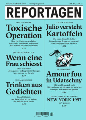 Reportagen schickt die besten Autorinnen und Autoren rund um den Globus. Für Geschichten, die bleiben. In dieser Ausgabe: - Toxische Operation. Neue Herzklappen retten Leben, wenn dabei keine Keime mitkommen. Was wussten die Verantwortlichen? Von Vanessa Mistric. - Wenn eine Frau schiesst. Chris war Nikkis Lebenspartner und zugleich ihr Peiniger. Jetzt steht sie vor Gericht. Von Justine van der Leun. - Trinken aus Gedichten. In der Bibliothek von Kabul zelebriert ein Meister der Sufis die Verse Rumis. Von Marian Brehmer. - Julio versteht Kartoffeln. Was steckt hinter Gefleckter Pumapfote und Schwarzer Lamanase? Eine Erfolgsgeschichte aus Peru. Von Eliezer Budasoff. - Amour fou in Udatschny. Sibiriens Minenstadt zieht Glücksuchende wie Nikita an, der zwischen Gefängnis und Standesamt pendelt. Von Urs Mannhart. - Die historische Reportage: New York 1957. Von Gay Talese.