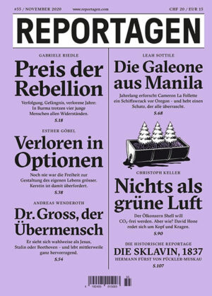 Reportagen schickt die besten Autorinnen und Autoren rund um den Globus. Für Geschichten, die bleiben. In dieser Ausgabe: - Der Preis der Rebellion. Verfolgung, Gefängnis, verlorene Jahre: In Burma trotzen vier junge Menschen allen Widerständen. Von Gabriele Riedle. - Verloren in Optionen. Noch nie war die Freiheit zur Gestaltung des eigenen Lebens grösser. Kerstin ist damit überfordert. Von Esther Göbel. - Dr. Gross, der Übermensch. Er sieht sich wahlweise als Jesus, Stalin oder Beethoven - und lebt mittlerweile ganz hervorragend. Von Andreas Wenderoth. - Die Galeone aus Manila. Jahrelang erforscht Cameron La Follette ein Schiffswrack vor Oregon - und hebt einen Schatz, der alle überrascht. Von Leah Sottile. - Nichts als grüne Luft. Der Ölkonzern Shell will CO2-frei werden. Aber wie? David Hone redet sich um Kopf und Kragen. Von Christoph Keller. - Die historische Reportage: Die Sklavin, 1837. Von Hermann Fürst von Pückler-Muskau.