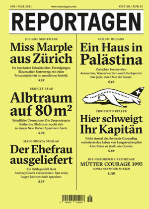 Reportagen schickt die besten Autorinnen und Autoren rund um den Globus. Für Geschichten, die bleiben. In dieser Ausgabe: - Miss Marple aus Zürich. Sie beschattet Erbschleicher, Fremdgänger, Blaumacher. Unterwegs mit einer Privatdetektivin im mondänen Seefeld. Von Juliane Schiemenz. - Albtraum auf 80m2. Feindliche Übernahme: Die Untermieterin Katherine Gladstone macht sich in einem New Yorker Apartment breit. Von Bridget Read - Der Ehefrau ausgeliefert. Ein Schlaganfall lässt Andrzej Grzela verstummen. Nur seine Augen können noch sprechen. Von Malgorzata Smolak. - Ein Haus in Palästina. Zwischen brennenden Autoreifen, Wasserwerfern und Checkpoints: Dar Jacir, eine Oase der Kunst. Von Colum McCann - Hier schweigt Ihr Kapitän. Nicht einmal das Swissair-Grounding veränderte das Leben von Langstreckenpilot Alex Borer so stark wie Corona. Von Christoph Keller - Die historische Reportage: Mütter Courage, 1995. Von Sonia Seymour Mikich.