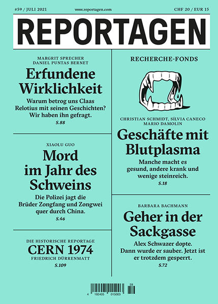 Reportagen schickt die besten Autorinnen und Autoren rund um den Globus. Für Geschichten, die bleiben. In dieser Ausgabe: - Erfundene Wirklichkeit. Warum betrog uns Claas Relotius mit seinen Geschichten? Wir haben ihn gefragt. Von Margrit Sprecher, Daniel Puntas Bernet. - Mord im Jahr des Schweins. Die Polizei jagt die Brüder Zongfang und Zongwei quer durch China. Von Xiaolu Guo - Geschäfte mit Blutplasma. Manche macht es gesund, andere krank und wenige steinreich. Von Christian Schmidt, Sílvia Caneco, Mario Damolin - Geher in der Sackgasse. Alex Schwazer dopte. Dann wurde er sauber. Jetzt ist er trotzdem gesperrt. Von Barbara Bachmann - Die historische Reportage: CERN 1974. Von Friedrich Dürrenmatt.