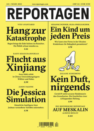 Grosse Reportagen im Taschenbuch. Herausragende Autor:innen berichten, was hinter den Kulissen des Weltgeschehens passiert. In dieser Ausgabe: - Hang zur Katastrophe. Regen bringt die Erde Italiens ins Rutschen. Die Politik schaut tatenlos zu. Von Vito Avantario - Flucht aus Xinjiang. Anar Sabit erlebt in Chinas Umerziehungslagern Willkür und Folter. Von Raffi Khatchadourian - Die Jessica Simulation. Künstliche Intelligenz lässt Joshuas verstorbene Verlobte auferstehen. Von Jason Fagone - Ein Kind um jeden Preis. Wie kann eine Firma in der Ukraine Kinderlosen ihr Babyglück garantieren? Von Susanne Donner, Olha Omelianchuk - Kein Duft, nirgends. Covid-19 nahm unserer Redakteurin den Geruchssinn. Die Geschichte einer schleppenden Heilung. Von Juliane Schiemenz - Die historische Reportage: Auf Meskalin. Von Aldous Huxley.