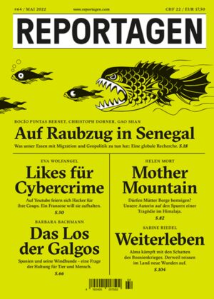 Grosse Reportagen im Taschenbuch. Herausragende Autor:innen berichten, was hinter den Kulissen des Weltgeschehens passiert. In dieser Ausgabe: - Auf Raubzug in Senegal. Was unser Essen mit Migration und Geopolitik zu tun hat: Eine globale Recherche. Von Rocío Puntas Bernet, Christoph Dorner, Gao Shan - Likes für Cybercrime. Auf Youtube feiern sich Hacker für ihre Coups. Ein Franzose will sie aufhalten. Von Eva Wolfangel - Das Los der Galgos. Spanien und seine Windhunde - eine Frage der Haltung für Tier und Mensch. Von Barbara Bachmann - Mother Mountain. Dürfen Mütter Berge besteigen? Unsere Autorin auf den Spuren einer Tragödie im Himalaja. Von Helen Mort - Weiterleben. Alma kämpft mit den Schatten des Bosnienkrieges. Derweil reissen im Land neue Wunden auf. Von Sabine Riedel