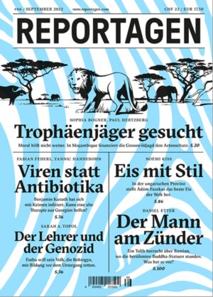 Grosse Reportagen im Taschenbuch. Herausragende Autor:innen berichten, was hinter den Kulissen des Weltgeschehens passiert. In dieser Ausgabe: - Trophäenjäger gesucht. Moral hilft nicht weiter. In Moçambique finanziert die Grosswildjagd den Artenschutz. Von Sophia Bogner, Paul Hertzberg - Viren statt Antibiotika. Benjamin Kunath hat sich mit Keimen infiziert. Kann eine alte Therapie aus Georgien helfen? Von Fabian Federl, Yannic Hannebohn - Der Lehrer und der Genozid. Futhu will sein Volk, die Rohingya, mit Bildung vor dem Untergang retten. Von Sarah A. Topol - Eis mit Stil. In der ungarischen Provinz stellt Ádám Fazekas das beste Eis der Welt her. Von Noémi Kiss - Der Mann am Zünder. Ein Talib herrscht über Bamian, wo die berühmten Buddha-Statuen standen. Was hat er vor? Von Daniel Etter