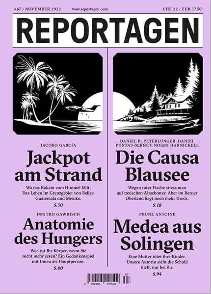 Grosse Reportagen im Taschenbuch. Herausragende Autor:innen berichten, was hinter den Kulissen des Weltgeschehens passiert. In dieser Ausgabe: - Jackpot am Strand. Wo das Kokain vom Himmel fällt: Das Leben im Grenzgebiet von Belize, Guatemala und Mexiko. Von Jacobo García - Die Causa Blausee. Wegen toter Fische stiess man auf toxischen Altschotter. Aber im Berner Oberland liegt noch mehr Dreck. Von Daniel B. Peterlunger, Daniel Puntas Bernet, Noemi Harnickell - Anatomie des Hungers. Was tut Ihr Körper, wenn Sie nicht mehr essen? Ein Gedankenspiel mit Ihnen als Hauptperson. Von Dmitrij Gawrisch - Medea aus Solingen. Eine Mutter tötet ihre Kinder. Unsere Autorin sieht die Schuld nicht nur bei ihr. Von Prune Antoine