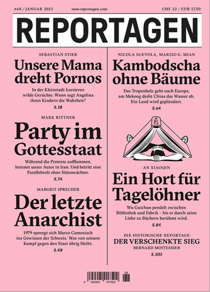 Grosse Reportagen im Taschenbuch. Herausragende Autor:innen berichten, was hinter den Kulissen des Weltgeschehens passiert. In dieser Ausgabe: - Unsere Mama dreht Pornos. In der Kleinstadt kursieren wilde Gerüchte. Wann sagt Angelina ihren Kindern die Wahrheit? Von Sebastian Stier - Party im Gottesstaat. Während die Proteste aufflammen, heiratet unser Autor in Iran. Und betritt eine Parallelwelt ohne Sittenwächter. Von Mark Rittner - Der letzte Anarchist. 1979 sprengt sich Marco Camenisch ins Gewissen der Schweiz. Was von seinem Kampf gegen den Staat übrig bleibt. Von Margrit Sprecher - Kambodscha ohne Bäume. Das Tropenholz geht nach Europa, am Mekong dreht China das Wasser ab. Ein Land wird geplündert. Von Nicola Scevola, Marzio G. Mian - Ein Hort für Tagelöhner. Wu Guichun pendelt zwischen Bibliothek und Fabrik - bis er durch seine Liebe zu Büchern berühmt wird. Von An Xiaoqin - Die historische Reportage: Der verschenkte Sieg. Auf der ersten Solo-Regatta rund um die Welt. Von Bernard Moitessier.