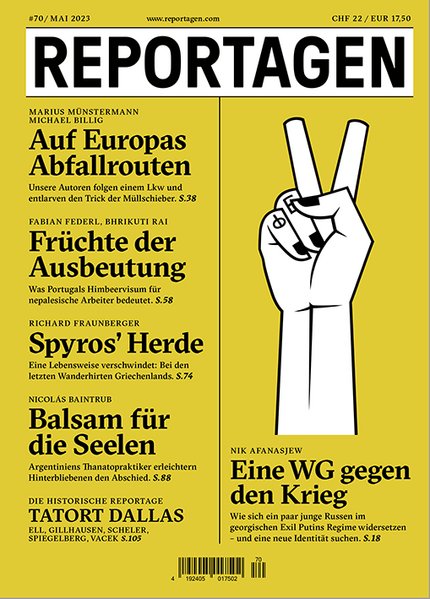 Grosse Reportagen im Taschenbuch. Herausragende Autor:innen berichten, was hinter den Kulissen des Weltgeschehens passiert. In dieser Ausgabe: - Auf Europas Abfallrouten. Unsere Autoren folgen einem Lkw und entlarven den Trick der Müllschieber. Von Marius Münstermann, Michael Billig - Eine WG gegen den Krieg. Wie sich ein paar junge Russen im georgischen Exil Putins Regime widersetzen - und eine neue Identität suchen. Von Nik Afanasjew - Früchte der Ausbeutung. Was Portugals Himbeervisum für nepalesische Arbeiter bedeutet. Von Fabian Federn, Bhrikuti Rai - Syros’ Herde. Eine Lebensweise verschwindet: Bei den letzten Wanderhirten Griechenlands. Von Richard Fraunberger - Balsam für die Seelen. Argentiniens Thanatopraktiker erleichtern Hinterbliebenen den Abschied. Von Nicolás Baintrub - Die historische Reportage: Tatort Dallas. Chronologie der Ermordung von John F. Kennedy. Von Erik G. Ell, Rolf Gillhausen, Max Scheler, Yvonne Spiegelberg, Egon Vacek